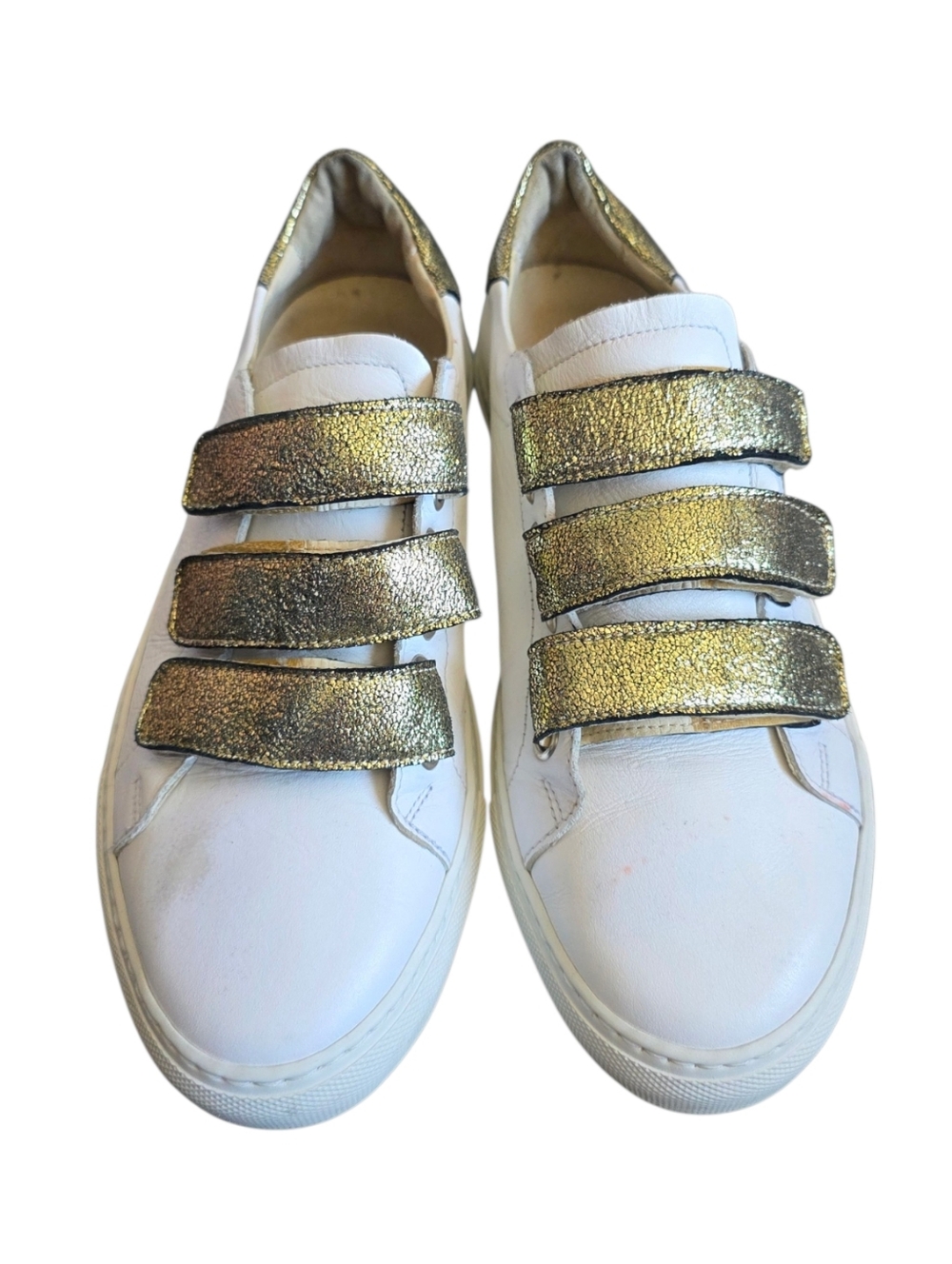Boemos White Leather Sneakers with Gold Velcro Straps Sz 8.5 (39)